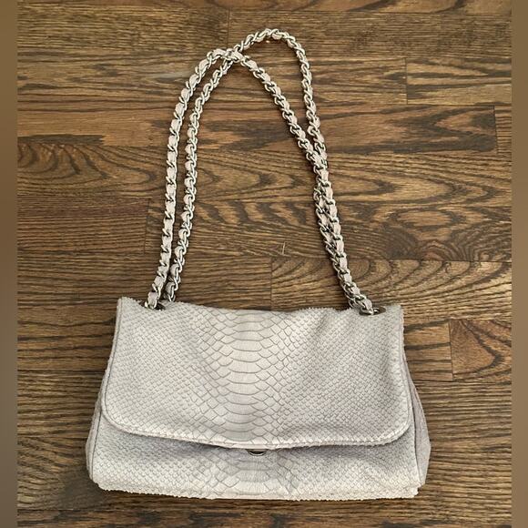 Abro Python Skin Leather Shoulder Bag Light Gray with Silver Chain Strap - Picture 1 of 11